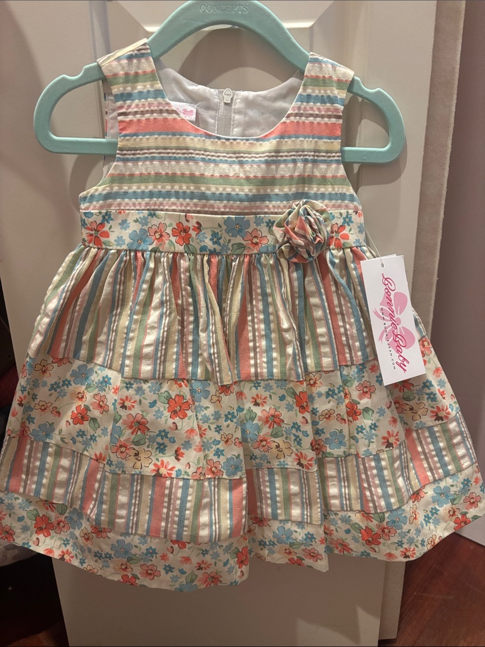 Bonnie Baby Pastel Floral & Stripe Dress - Coral, Mint, Cream, Light Blue